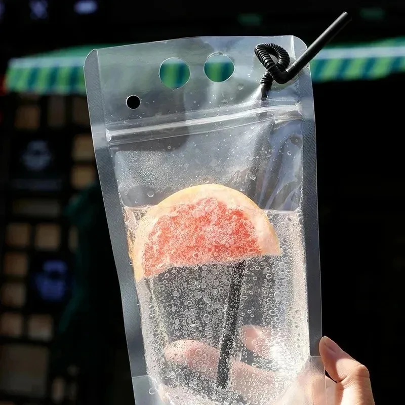 Straw Drink Bag Resealable Zipper Leakproof Drink Bag Handheld Standing Smoothie Bag Reusable Translucent Juice Bag