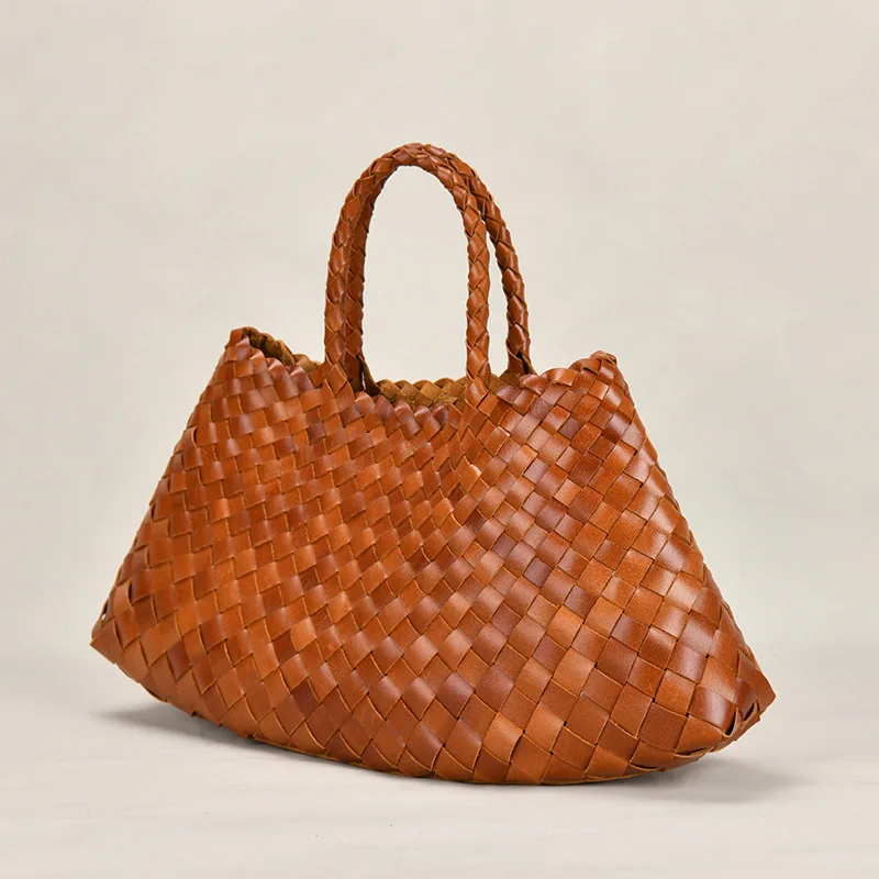 Female Bags 2023 New Woven Handbag Head Layer Cowhide Pure Handmade Vegetable Basket Bag Large Capacity Leather Women's Packs