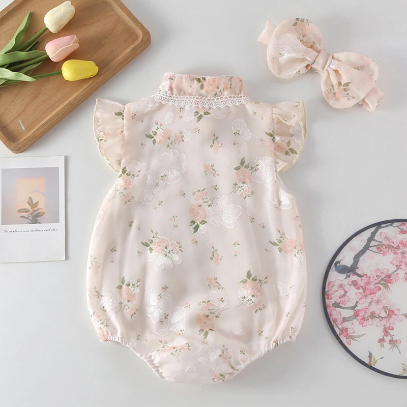 Newborn Kids Baby Girls Sweet Rompers Summer New 2023 Infant Baby Girls Sleeveless Cheongsam Rompers Clothes