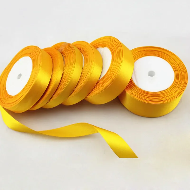 6/10/15/20/25/38/50mm 25yards/roll Gold Yellow Silk Satin Ribbon Wedding Party Decoration Handmade Invitation Card Gift Packing