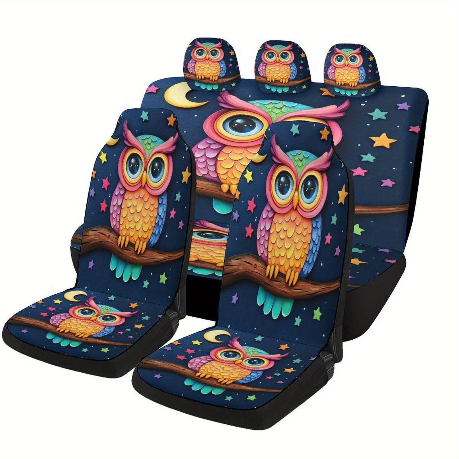 

Starry Night Owl Designed Car Seat Covers Set For Most Cars, Trendy Novelty Decorative Car Seat Protector Covers Full Set, Unive