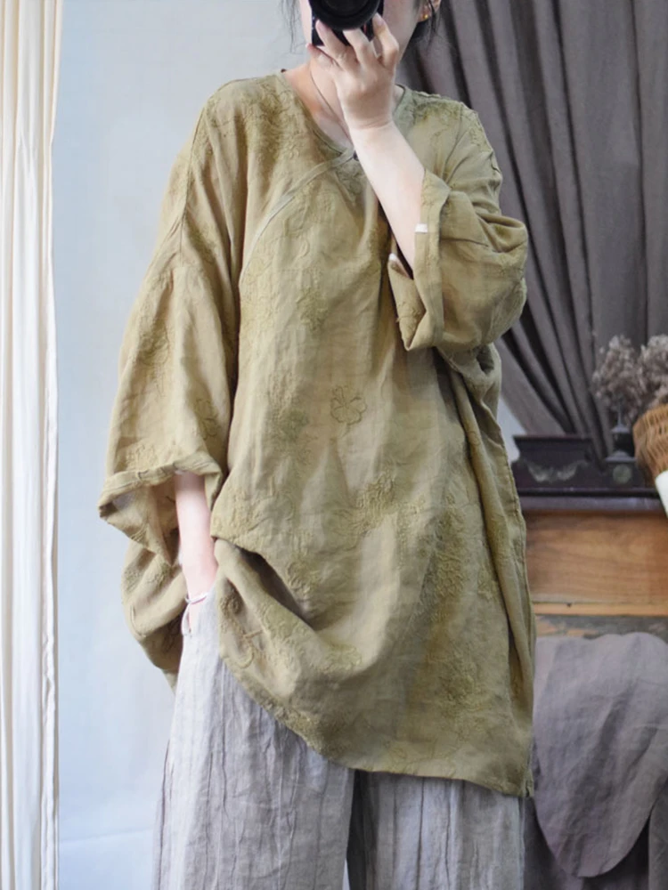 

100% Linen Women Casual Blouse Shirt New Arrival 2025 Summer Vintage Style Floral Embroidery Loose Female Long Tops Shirts M1446