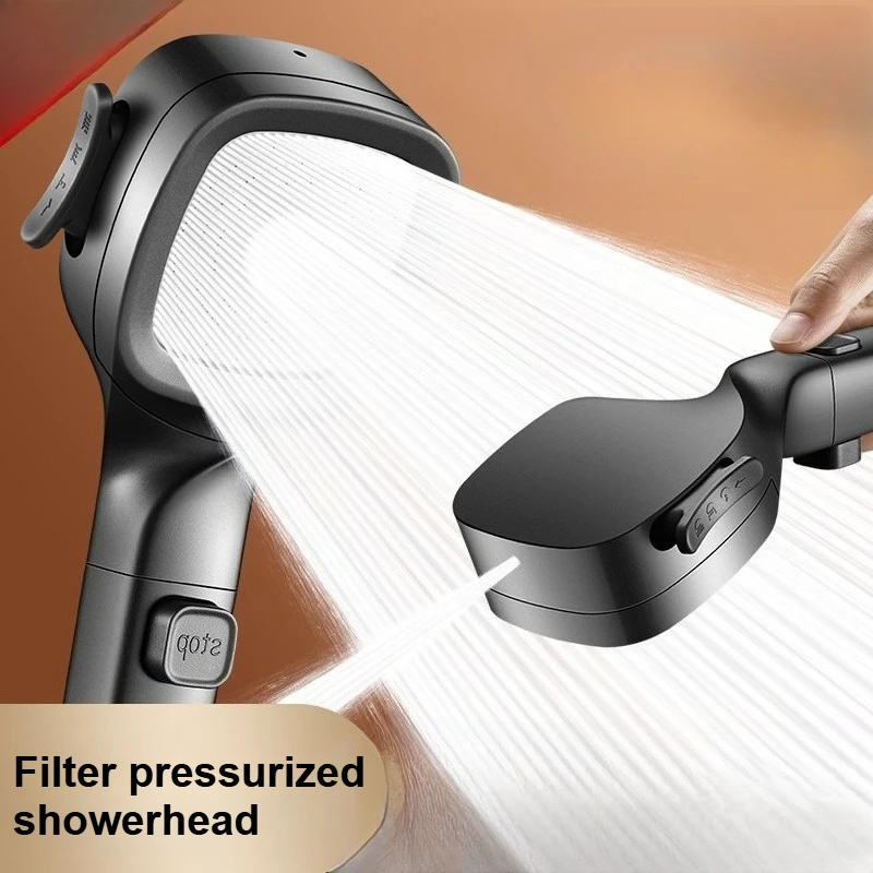 

Filtered High Pressure Shower Head 4 Spray Modes One-Click Water Stop 5 Filters Grey & Silver Handheld Shower for Household