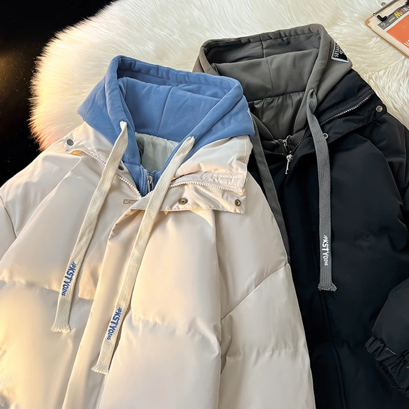 Winter Freizeit Gefälschte Zwei Stück Zipper Unten Jacke Mode Mit Kapuze Gepolsterte Jacken Farbe Clash Dicken Mantel Männer Frauen Warme Mäntel