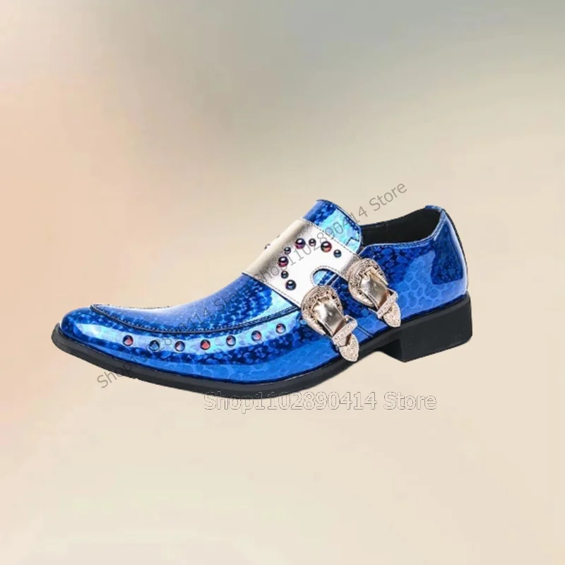 Blue Colorful Rivets Metal Buckle Alligator Print Men Shoes Fashion Slip On Male Shoes Luxurious Handmade Party Men Casual Shoes