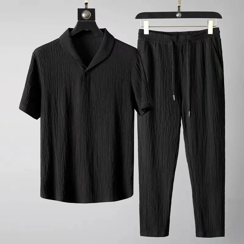 

Casual Cotton Linen Men's Summer ort Sve T-irt And Long Pants Set Youth Nine Points Pants Trendy Ensemble