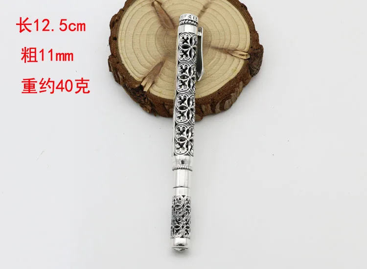 High grade office stationery accessories 925 sterling silver personalized signature pen Vintage hollowed out cherry blossom ball