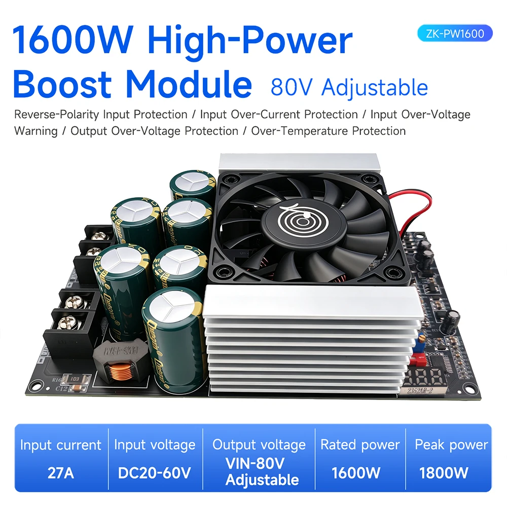 ZK 1600W High-Power Boost Power Supply DC20-60V 27A to VIN-80V Adjustable Low Ripple Step-up Converter Board Module Cooling Fan