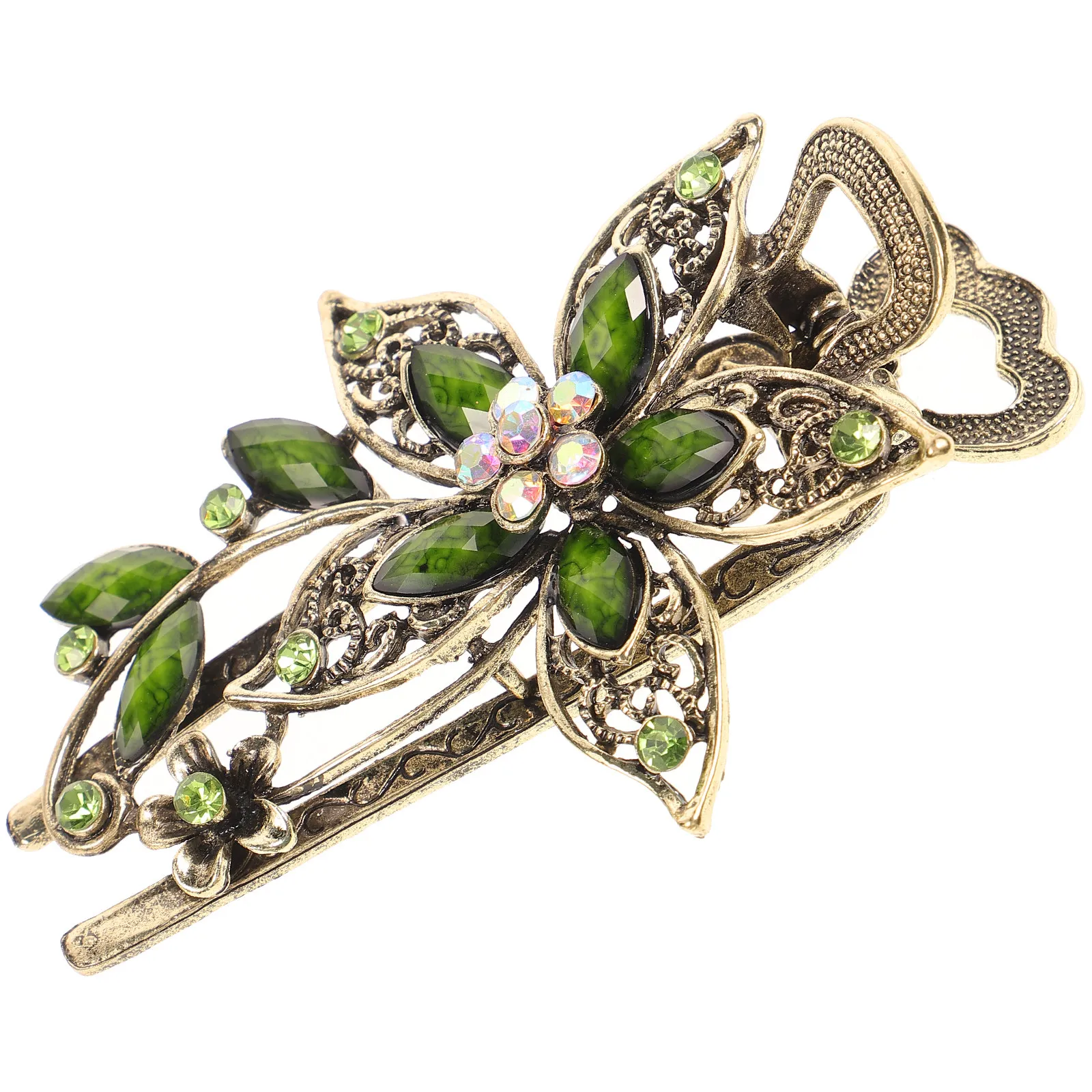 Vintage Womens Flower Hair Clips Green Crystal Floral Barrette Elegant Hair Accessories for Prom Party Wedding