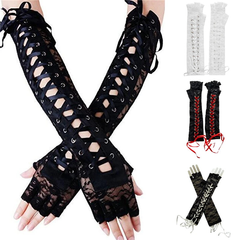 Womens Sexy Elleboog Lengte Punk Vingerloze Arm Warmer Goth Zwart Misa Amane Cosplay Accessoires Visnet Mesh Party KANT Handschoenen