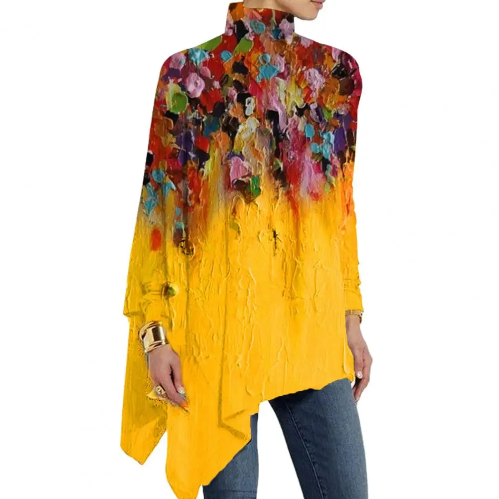 Irregular Hem Loose Fit Shirt Colorful Artistic Print High Collar Women\'s Blouse with Irregular Hem Soft Fabric for Fall Spring