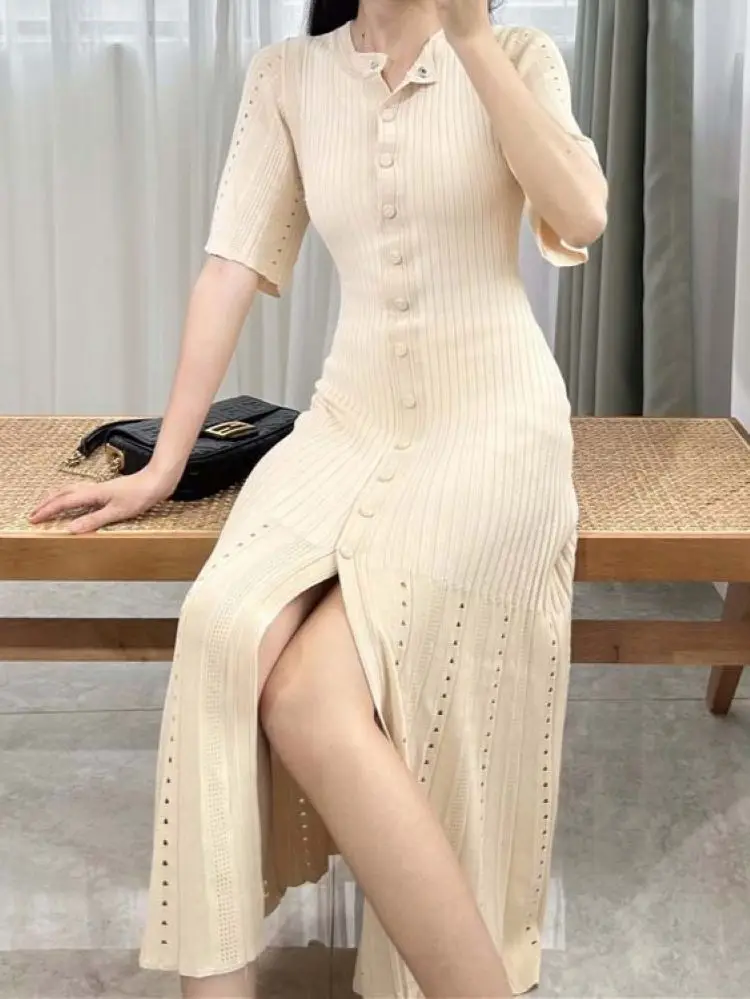 

Women Hollow Out Knitted Robe Short Sleeve Single Breasted O-Neck Simple Spring 2024 Midi Dress