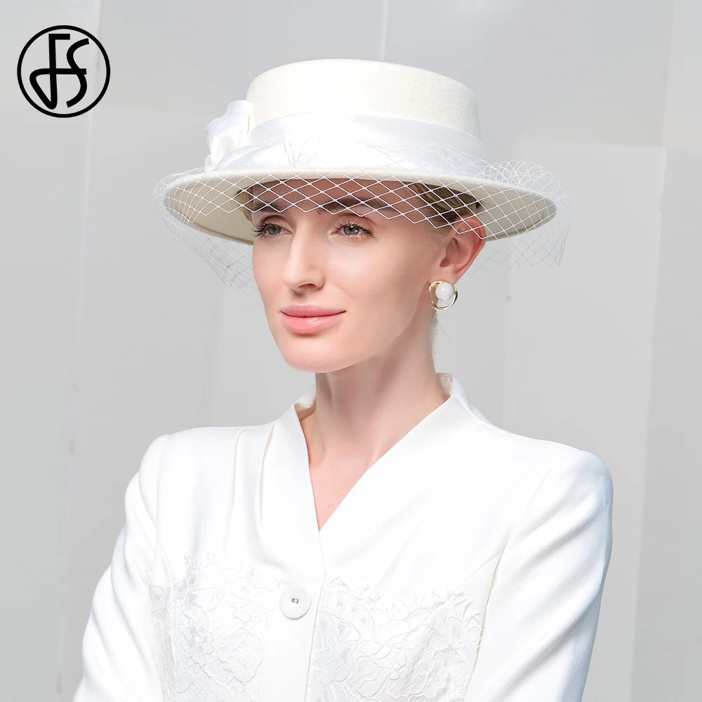 FS White Fedoras Luksusowe czapki z płaskim daszkiem dla kobiet z welonem 2024 Nowa ceremonia ślubna Millinery Winter 100% wełniana filcowa czapka