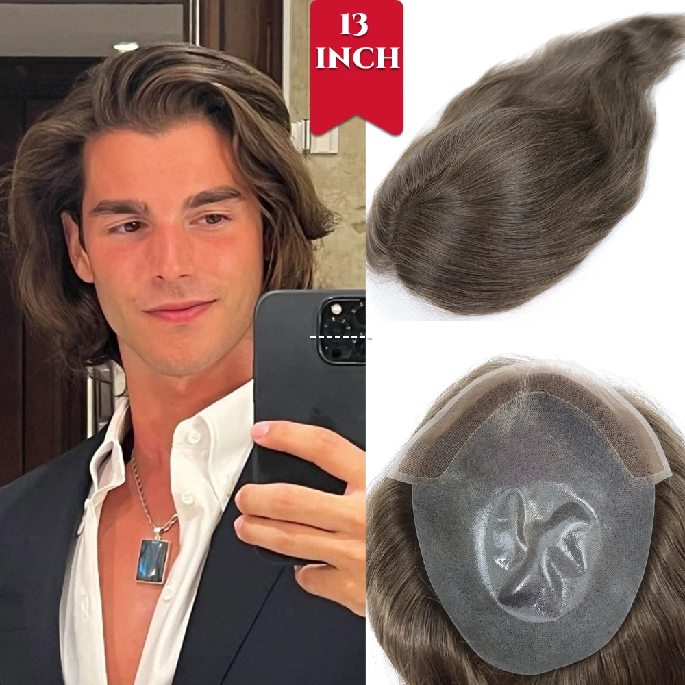 Long Hair Toupee for Men Human Hair Piece French Lace Front Hair Replacement System Thin Skin Poly Male Capillary Prosthesis 13 Inch Brown Color 8×10 Size