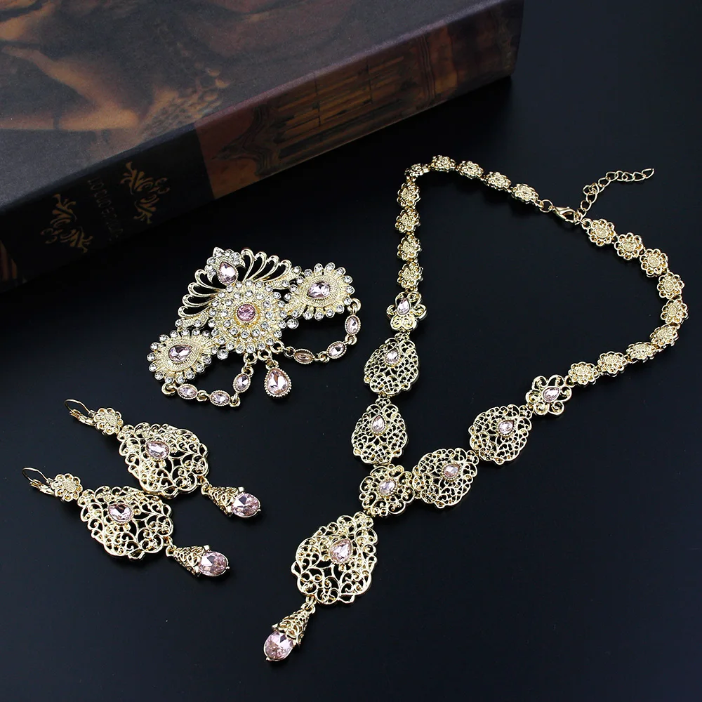 Sunspicems Chic Morocco Bride Jewelry Sets Gold Color Arabia Drop Earring Choker Necklace Caftan Brooch Sets 3Pcs Hollow Flower