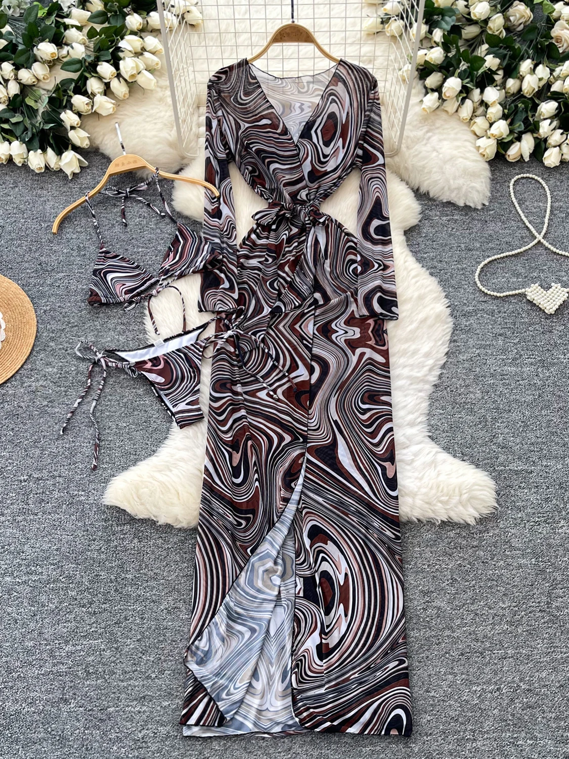 

Элегантный женский комплект-тройка: модный костюм с V-образным вырезом, завязками на талии, приталенной юбкой с принтом, в деловом стиле, осенняя коллекция, повседневная рабочая одежда