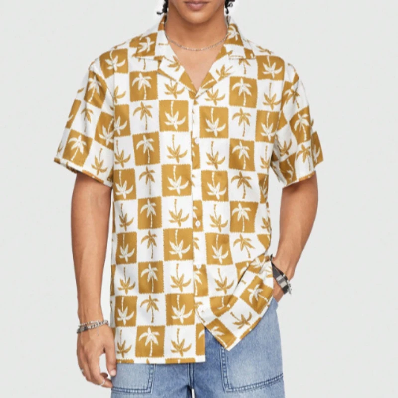 

Рубашка мужская с принтом кокосового дерева, Гавайская Повседневная пляжная Блузка в клетку, Свободный Топ, модная уличная одежда, лето