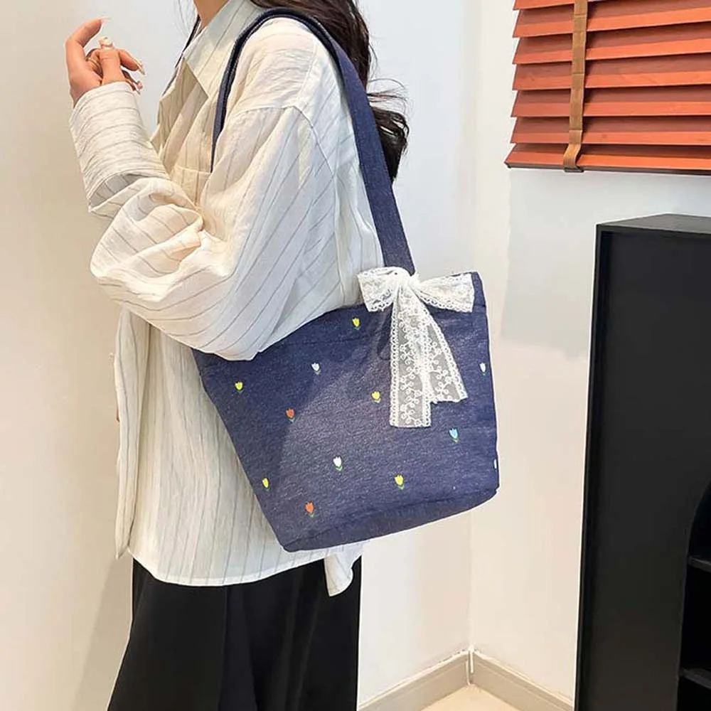 

Retro Denim Bucket Bag Underarm Pouch Large Capacity Women Bucket Handbag Polyester Korean Style Embroidery Shoulder Bag School