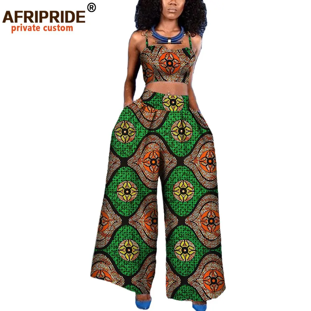 

Women 2-pieces Suit African Style AFRIPRIDE Private Custom Sleeveless Halter Short Top + Ankle-length Wide Pant Suit A722646