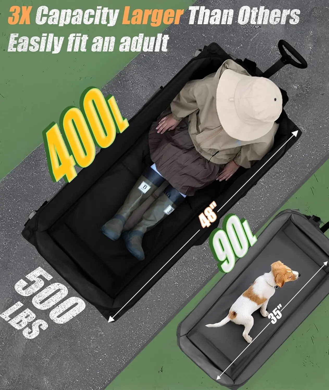 عربة عربة قابلة للطي مقاس 48 بوصة، شديدة التحمل بسعة 320 لتر وعجلات لجميع التضاريس للشاطئ والتخييم والبقالة