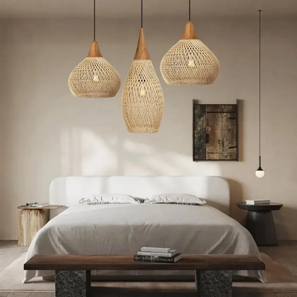 

Bamboo Pendant Lamp Shades with Wire Rattan Vintage Black Chandeliers Bar Restaurant Combination Designer Villa Duplex Staircase