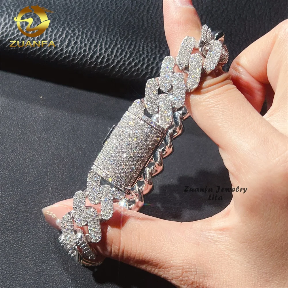 Hop Hip Style Iced Out 16mm Three Row 925 Silver Moissanite Cuban Link Chain Bracelet for Men.