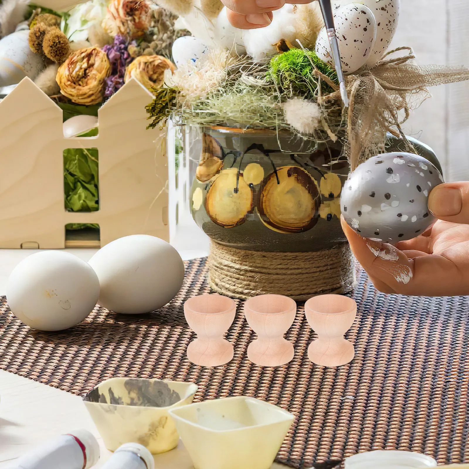 12Pcs Wooden Egg Holders Unpainted DIY Soft Boiled Egg Cups Easter Party Table Stand Kitchen Display Eggs Cup Holder