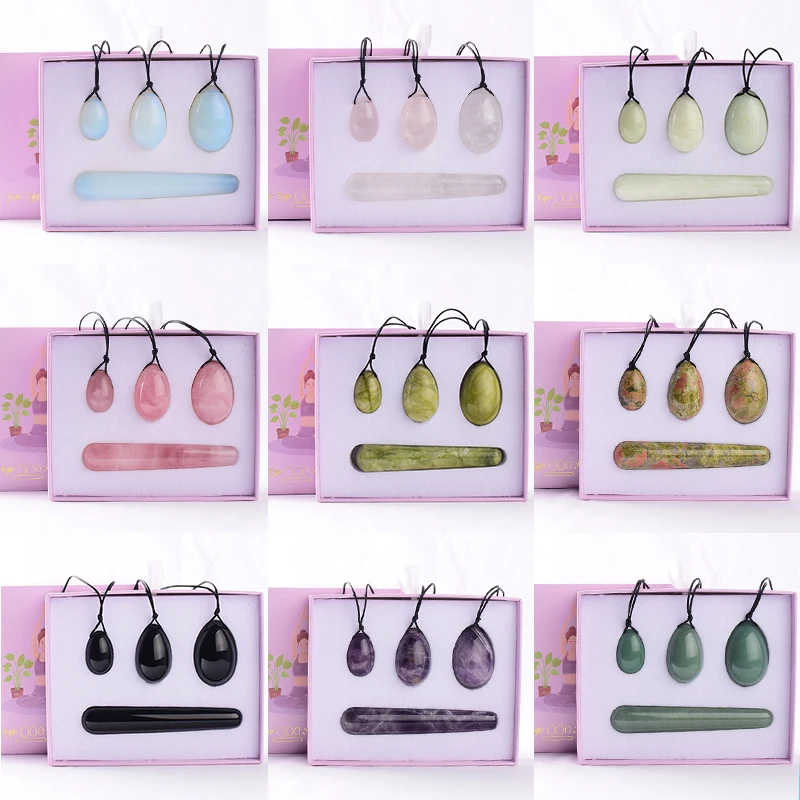 Wholesale Drop Shipping Drilled Yoni Egg Set 4pc Box Natural Jade Yoni Wand Kegel Exerciser Massage Healty Tools Gift For Wife