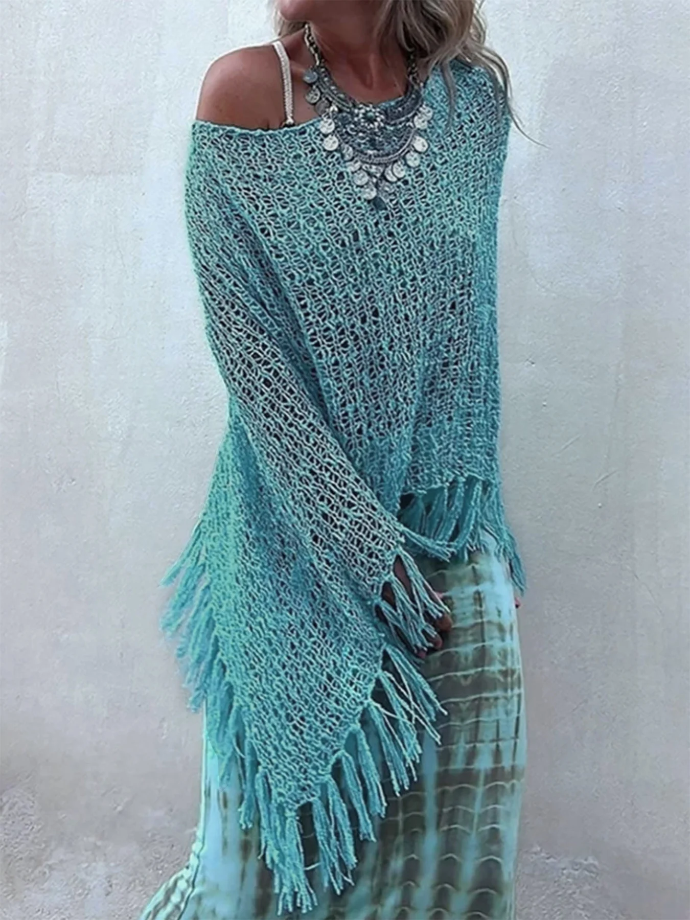 Knitted shirt with one collar, open shoulder, hollowed out swimsuit, tassel cover, pullover top, beach vacation style, summer