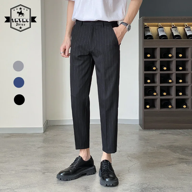 Striped Suit Pants Men's Summer Thin Elastic Casual Pants Men Drape Slim Striped Trousers Male Business Office Suit Pantalones