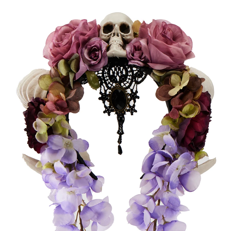 Gothic Retro Schapenhoorn Hoofdband Geitenhoorn Bloemen Haar Hoepel Sluier Schedel Bloem Kwastjes Hoofddeksels Halloween Decoratie Rekwisieten Jurk