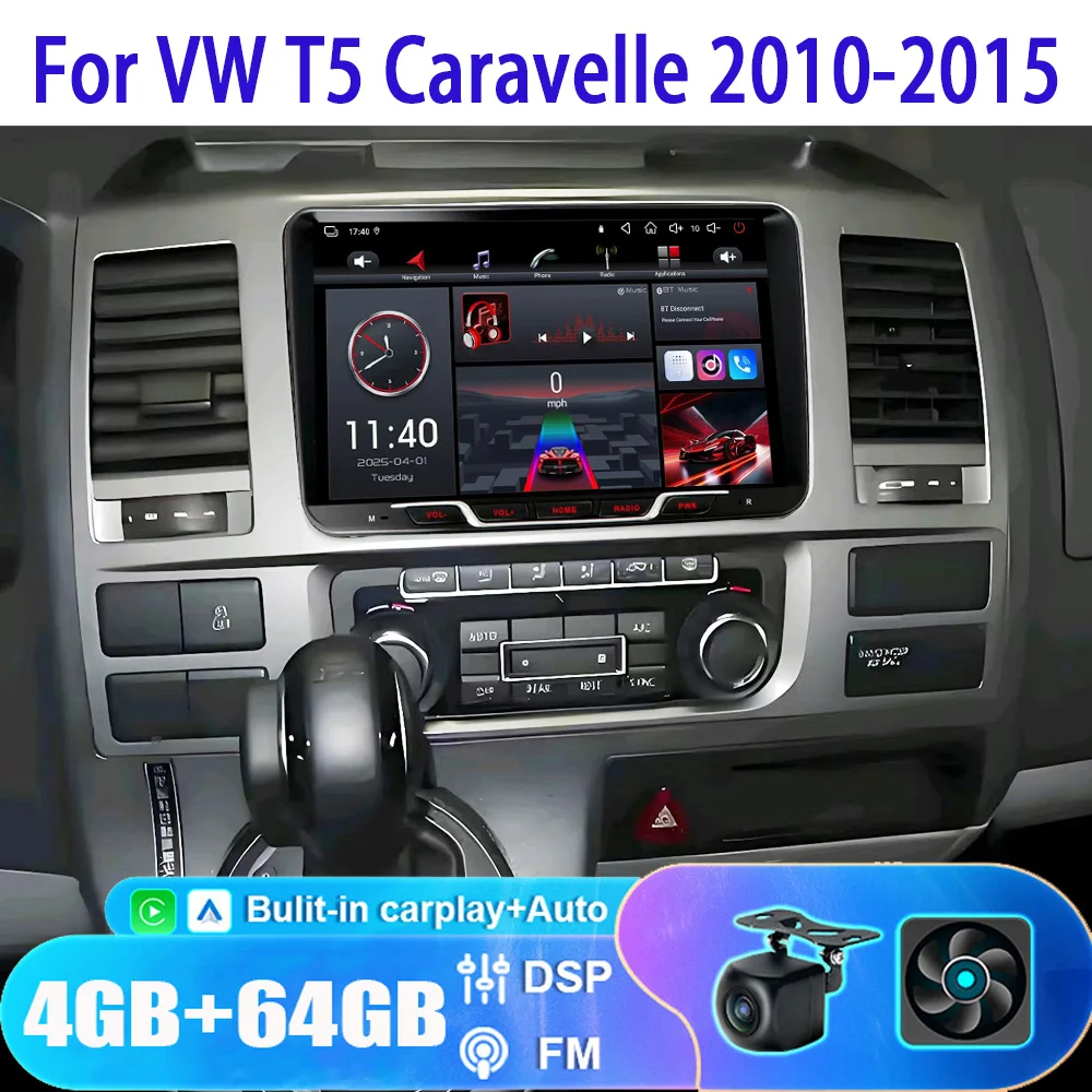 

9" 4+64GB For VW T5 Caravelle 2010-2015 Car Stereo Radio Wireless Apple Carplay Android Auto Head Unit FM BT GPS Navigation