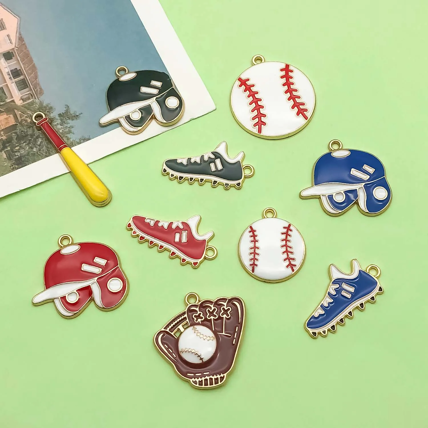 10pcs Enamel Baseball Sports Charms Alloy Gloves, Ball Caps, Sneakers Pendants For DIY Jewelry Making Accessories