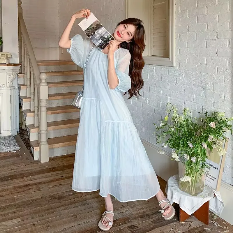 Maternity Dress Summer 2026 Breathable Soft Comfortable Loose Light Blue Chiffon Dress For Pregnant Women Gentle Versatile