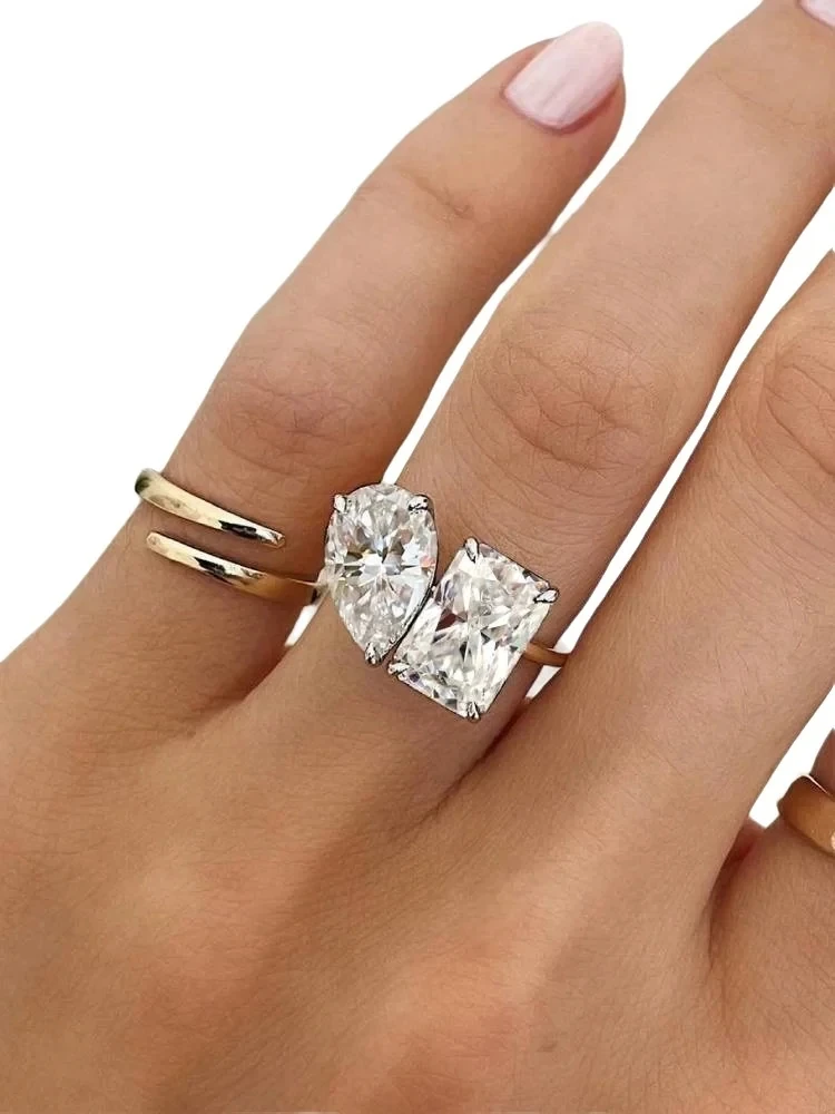 Zertifizierter 3,5 Karat 2-Stein-Moissanit-Ring für Damen, 100% 925 Silber, Luxus-Designer-Marke, Hochzeitsschmuck mit Labor-Diamanten, hohe Qualität – Detail 6