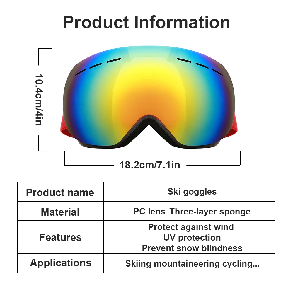 Lunettes de ski anti-buée à double couche pour adultes, lunettes de motoneige, lunettes de sport de plein air, lunettes de neige, UV400, 506