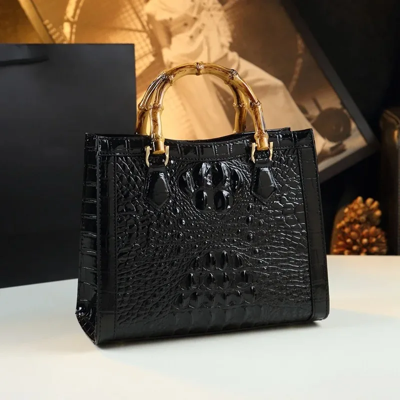 Luxury Bamboo Handle Handbag Women New Crocodile Embossed Faux Leather Fashion Shoulder Bag High Capacity Elegant Crossbody Bag
