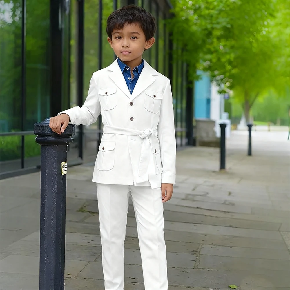 

Customized Boy's Suits Elegant White Single Breasted Notch Lapel Slim 2 Piece Jacket Pants Formal Wedding Kids Outfits Costume