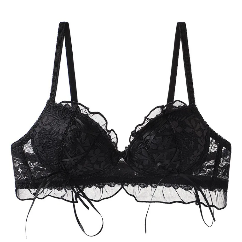 Fashion Bowknot Wireless Deep V Bra Lolita Sweet Mesh Flower Underwear for Women Shockproof Anti-sagging Lace Push Up Bra Girls