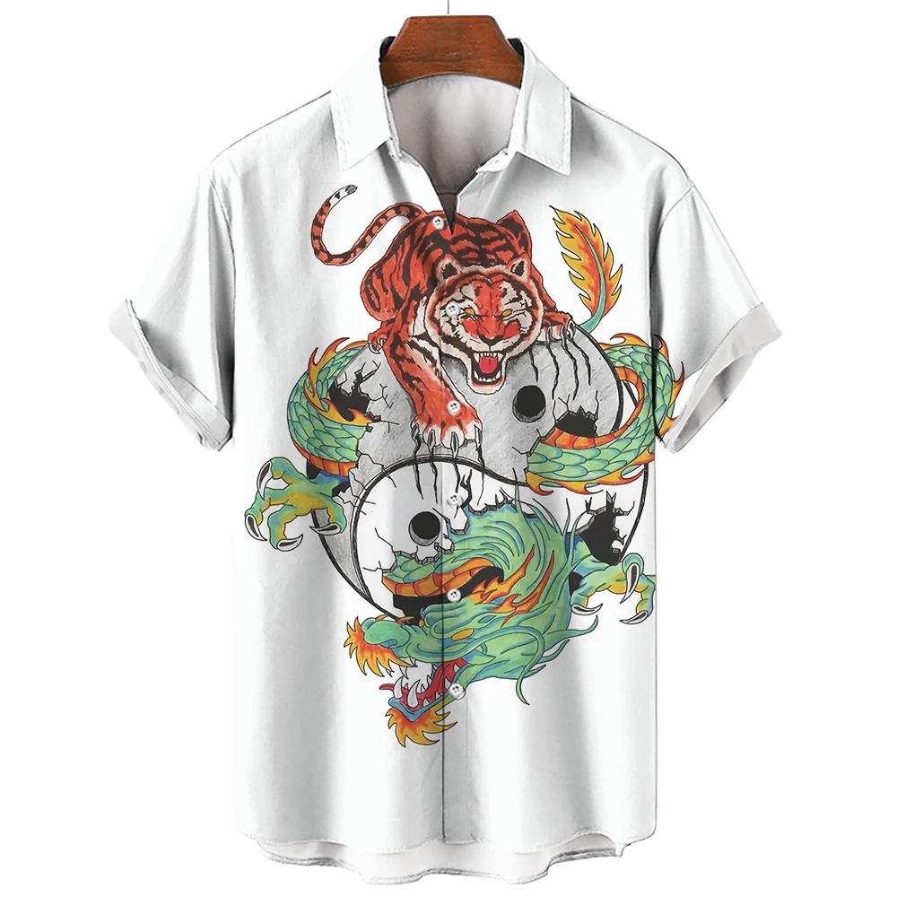 Hawaiian Anime Shirt For Men Tiger Pattern Summer Short Sleeve 3D Print Tops Casual Lapel Clothes Oversized Button Vintage Beach