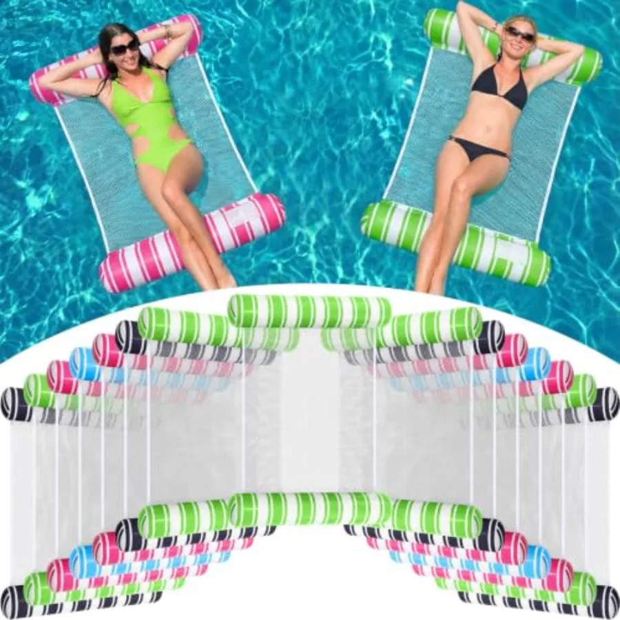 Water hammock pool floats for adults, inflatable lounge chair float for swimming pool vacation use, PVC material, blue and whit
