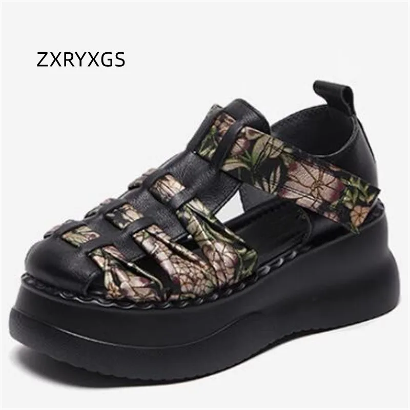 

ZXRYXGS Head Layer Cowhide Printing Flowers Women Fashionable Sandals New Thick Sole Wedges Sandals Increase Shoes Summer 2024