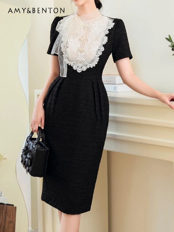 

Summer New Office Lady Lace Embroidery Stitching Color Slim Temperament Dress for Women Light Luxury Temperament A-line Dress