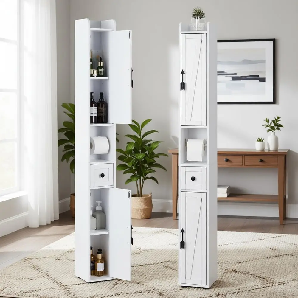 

Высокий тонкий шкаф для ванной 67 см с регулируемыми полками, держателем для бумаги, 2 магнитными дверцами для компактных помещений, жемчужно-белый