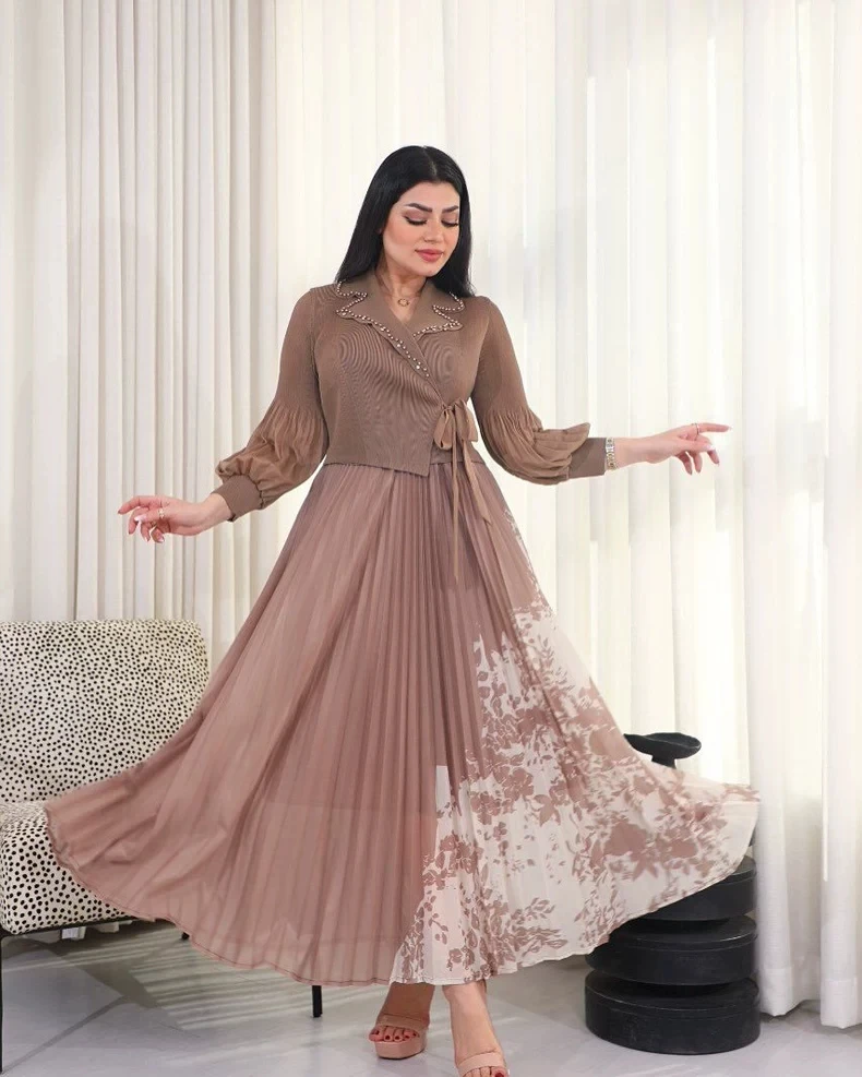 ชุดเดรส Miyaki ไซส์ใหญ่ กระโปรงพลีทสามมิติ คอปกสูท ลายพิมพ์ กระโปรงพลีทแบบสองชิ้นหลอกๆ สไตล์ยุโรปและอเมริกา แอฟริกัน ขายดี ยืดหยุ่นสูง