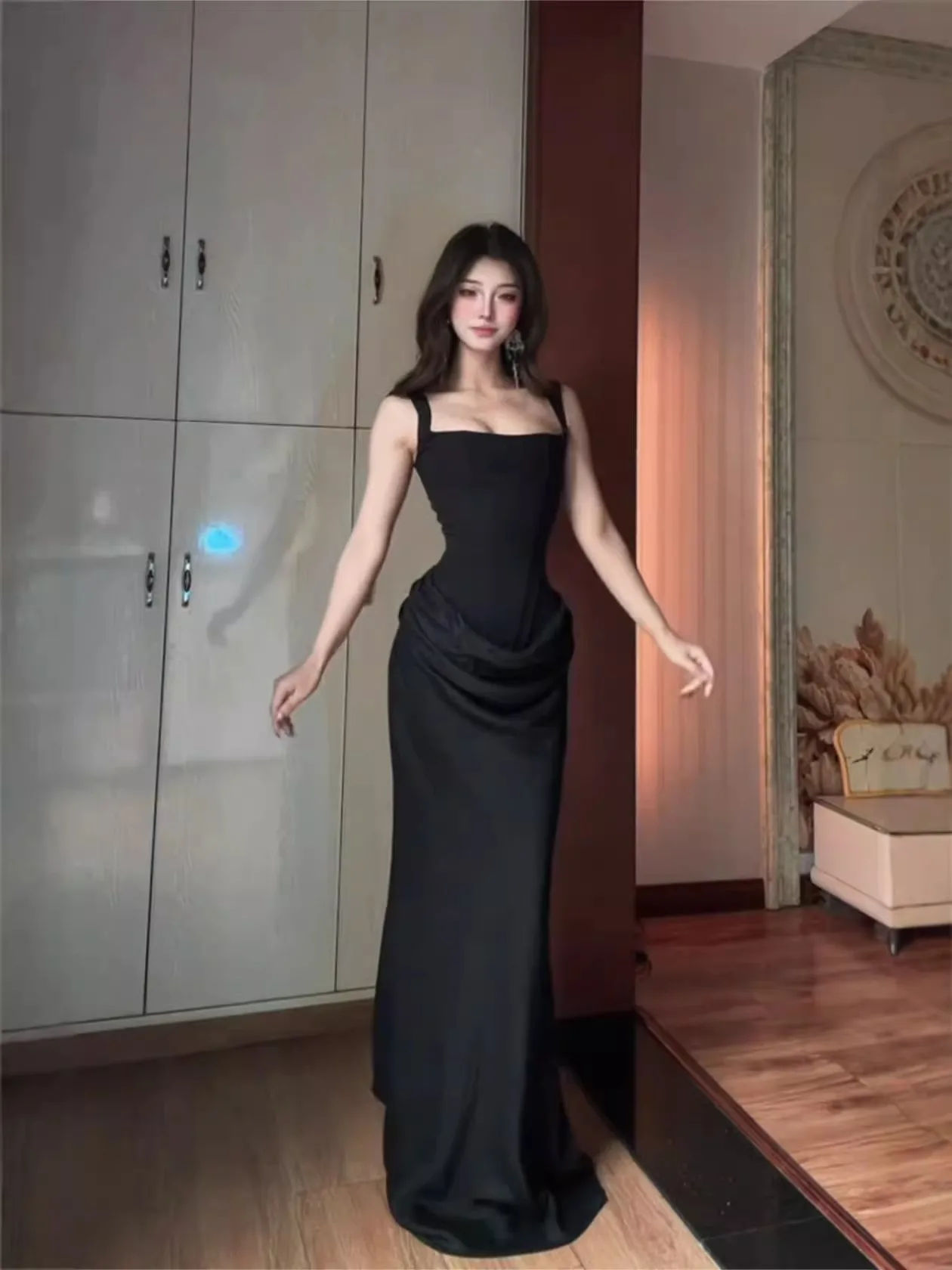

Sexy Black Fishbone Pleated Dress Women's Autumn Winter High Waist Long Dress Sensual Style Wedding Dress Party Dress
