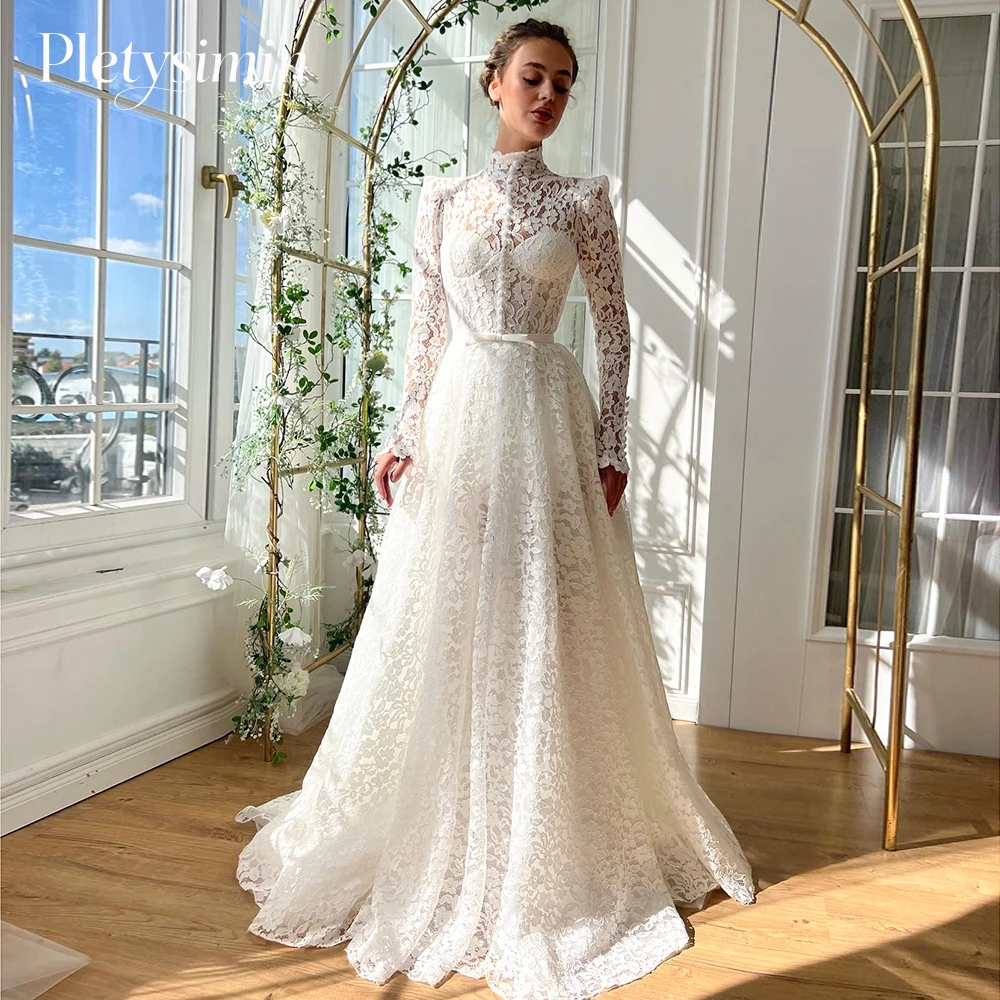 우아한 하이넥 풀 레이스 웨딩드레스 소녀용 A라인 프롬 파티 드레스 긴팔 버튼 슬림 프롬 클럽 가운 웨딩드레스