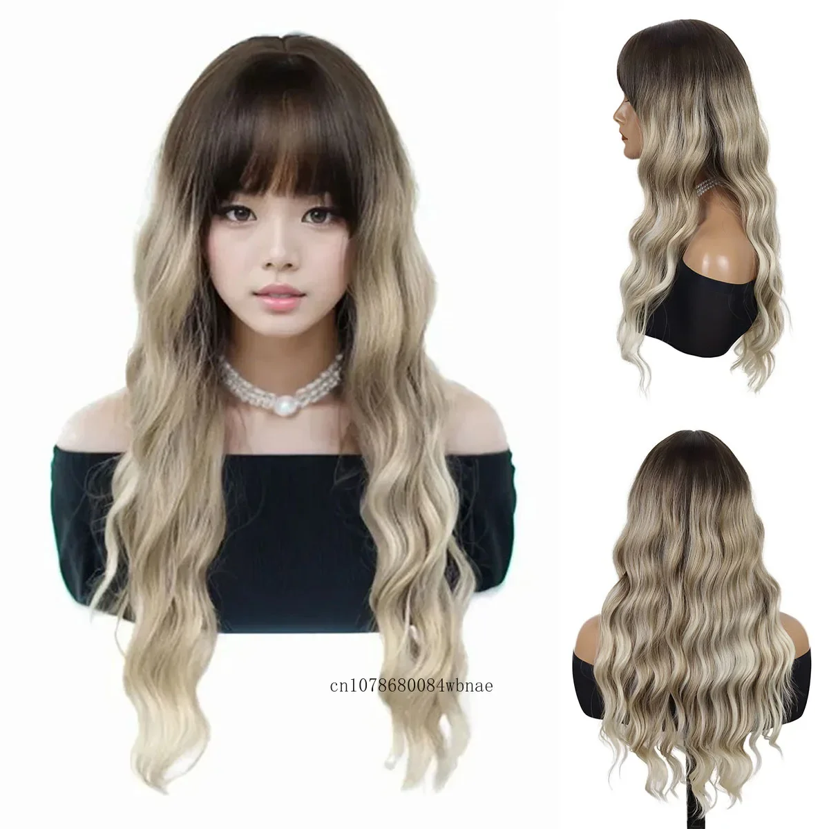 Synthetic Ombre Blonde Wig 27Inch Long Curly Wavy Highlight Wigs with Bangs for Women Drag Queen Wig Daily Party Natural Looking