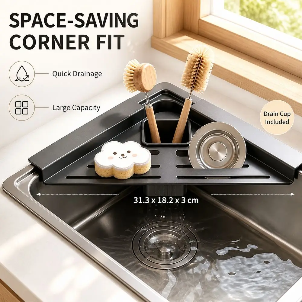 Carbon Steel Sink Corner Rack with Draining Cup Quick Water Drainage Sink Drain Shelf Triangular Shape Dish Drying Rack