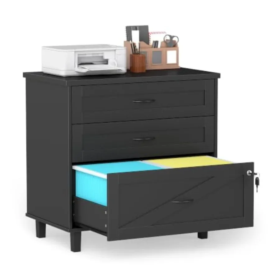 3-Drawer Wooden File Cabinet with Lock, Large Lateral Filing Cabinet with Hanging File Folders, Farmhouse Style Office Organize